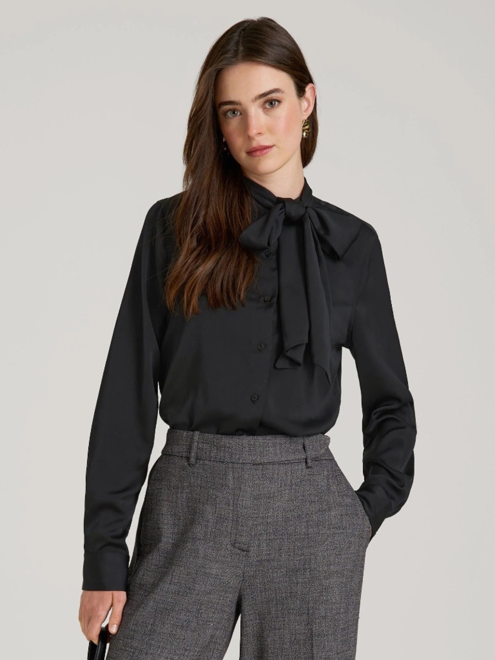 American Tall Satin Blouse With Bow for Tall Women in Black Size XS / Tall